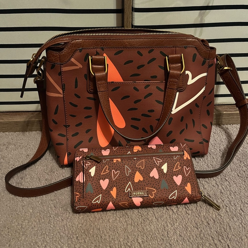 Fossil Brown and Pink Heart Satchel Set